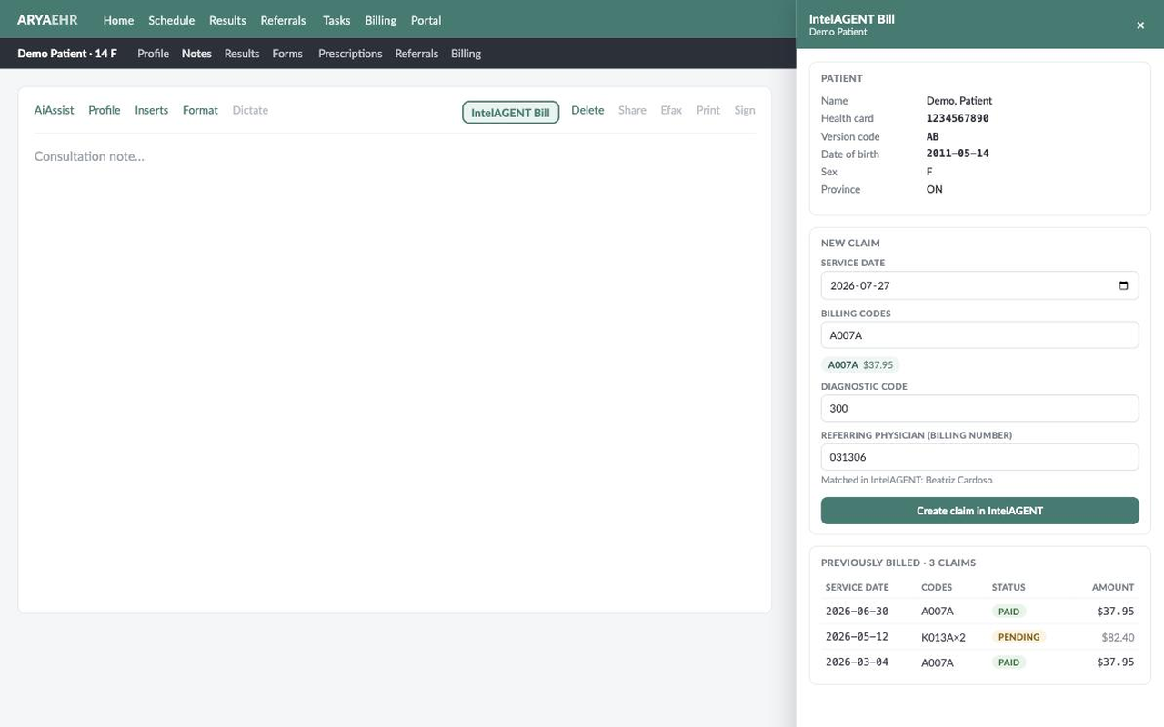 The IntelAGENT billing panel docked beside an Arya EHR consultation note, showing the patient's health card, a new claim form, and previously billed claims