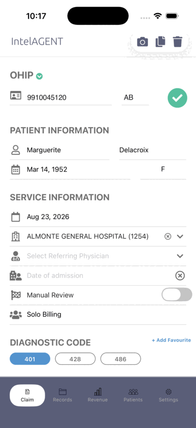 The claim screen with the health card validated against the Ministry — a green tick beside the card number, and the patient details filled in
