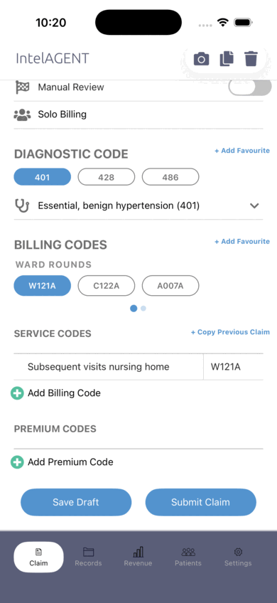 Favourite diagnostic codes and favourite billing codes, one of each tapped and applied to the claim