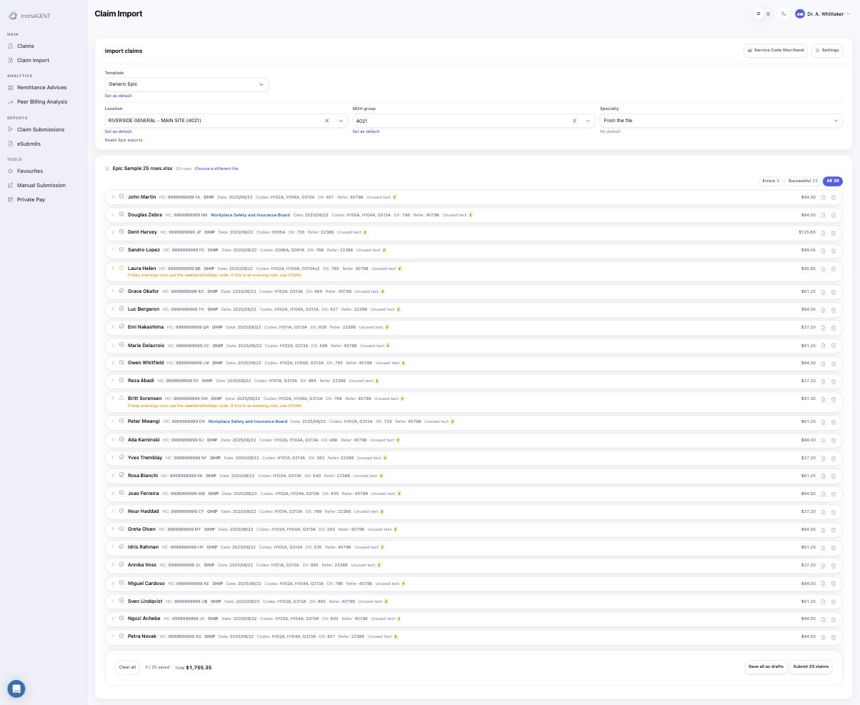 A whole shift imported from an Epic export, twenty-five claims parsed at once with two flagged for a premium-code problem before submission
