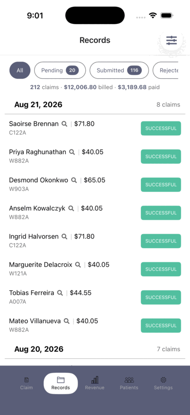 The Records screen in the IntelAGENT app: 212 claims totalling $12,006.80 billed and $2,495.93 paid, grouped by service date with each patient's billing code and status