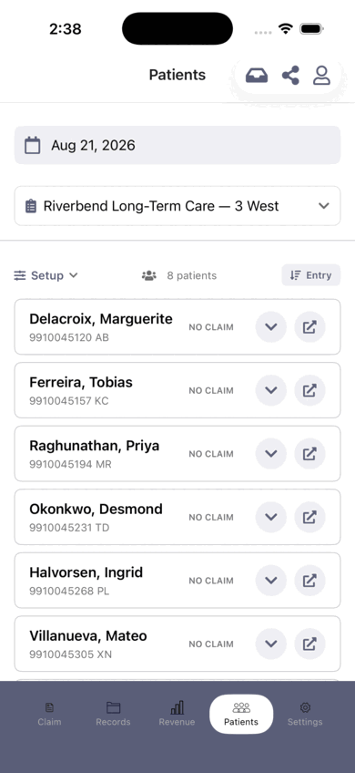 A patient roster in the IntelAGENT app, showing each patient's claim status for today